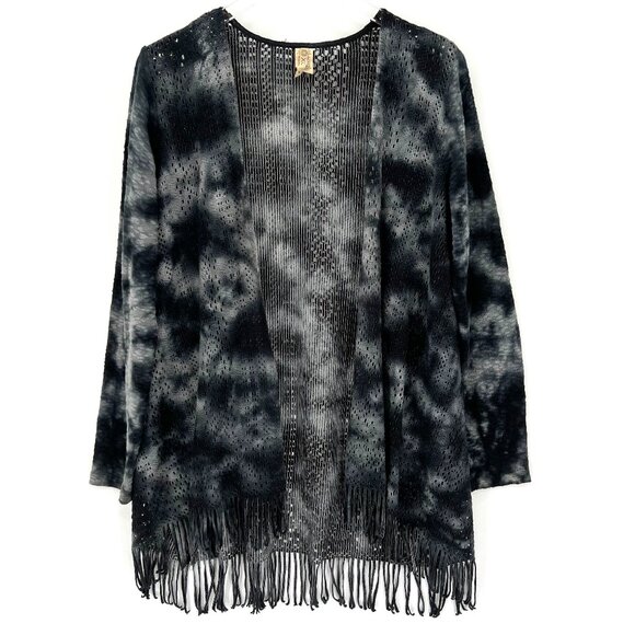 XCVI Tie-Dye Open Front Knit Cardigan Size Medium Crochet Boho Fringe Gray - Picture 1 of 10
